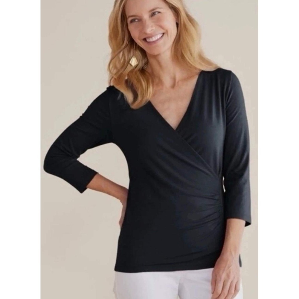 Soft Surroundings Black Pima Cotton Modal Faux Wrap 3/4 Sleeve Ruched Top Large